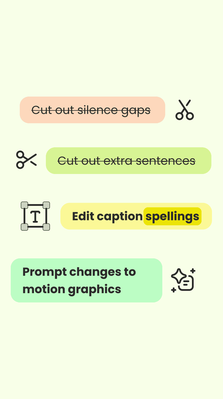 Sununu cutting silences and extra sentences, editing captions and adding motion graphics